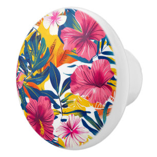 Vibrant Tropical Hibiscus Floral Accent Ceramic Knob