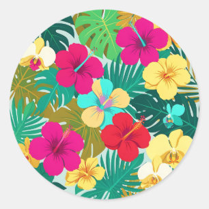 Vibrant Tropical Hibiscus Floral Pattern Classic Round Sticker