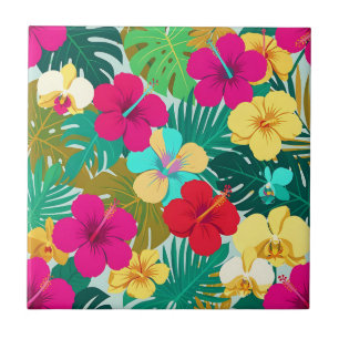 Vibrant Tropical Hibiscus Floral Pattern Tile