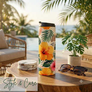 Vibrant Tropical Hibiscus Floral Seamless Patter Thermal Tumbler