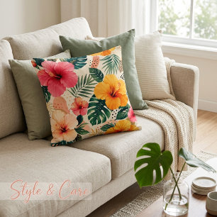 Vibrant Tropical Hibiscus Floral Seamless Pattern Cushion