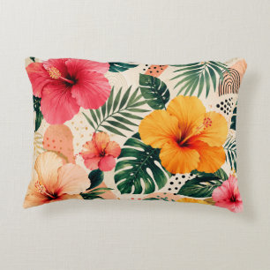 Vibrant Tropical Hibiscus Floral Seamless Pattern Decorative Cushion