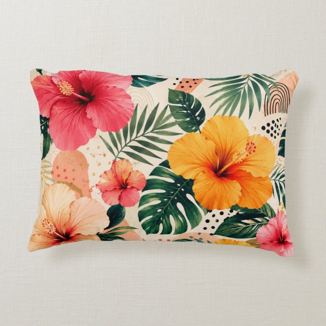 Vibrant Tropical Hibiscus Floral Seamless Pattern Decorative Cushion (Back)