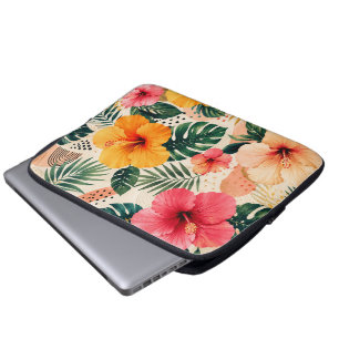 Vibrant Tropical Hibiscus Floral Seamless Pattern Laptop Sleeve