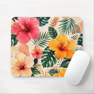 Vibrant Tropical Hibiscus Floral Seamless Pattern Mouse Mat