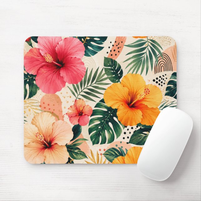 Vibrant Tropical Hibiscus Floral Seamless Pattern Mouse Mat (With Mouse)