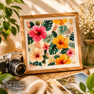 Vibrant Tropical Hibiscus Floral Seamless Pattern Photo Print
