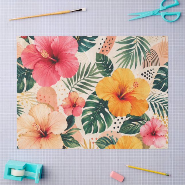 Vibrant Tropical Hibiscus Floral Seamless Pattern Tissue Paper (Craft)