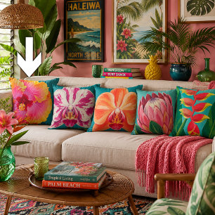 Vibrant Tropical Hibiscus Flower Painting Teal Cushion