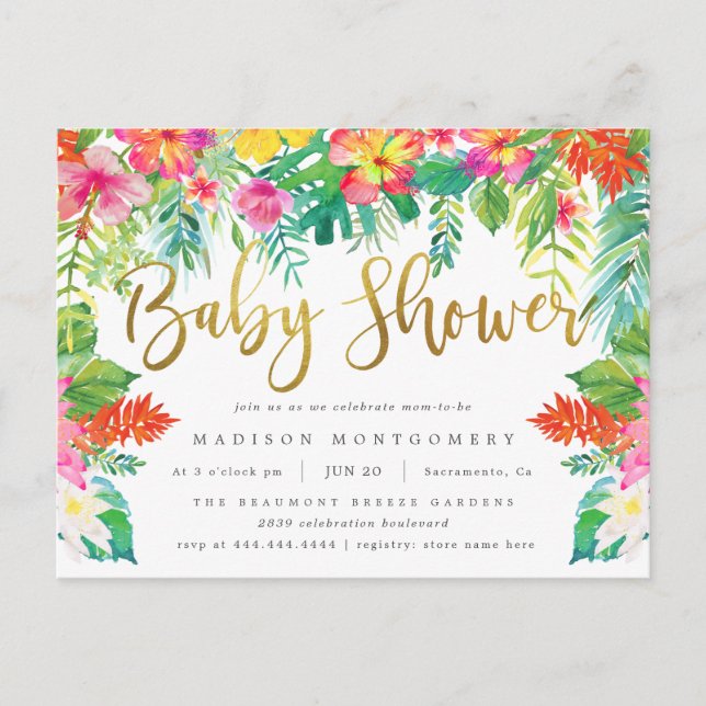 Vibrant Tropical Hibiscus Foliage Gold Baby Shower Invitation Postcard (Front)