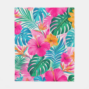 Vibrant Tropical Hibiscus Palm Leaf Paradise Fleece Blanket