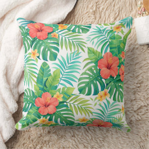 Vibrant Tropical Hibiscus Palm Leaves Cushion