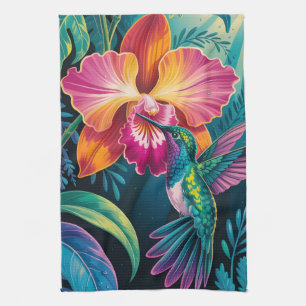 Vibrant Tropical Hummingbird and Orchid Tea Towel