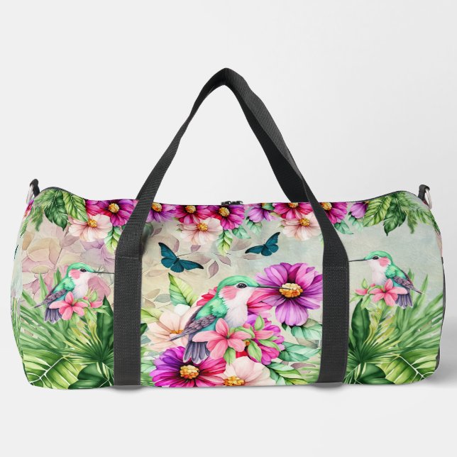 Vibrant Tropical Hummingbirds Duffle Bag (Front)