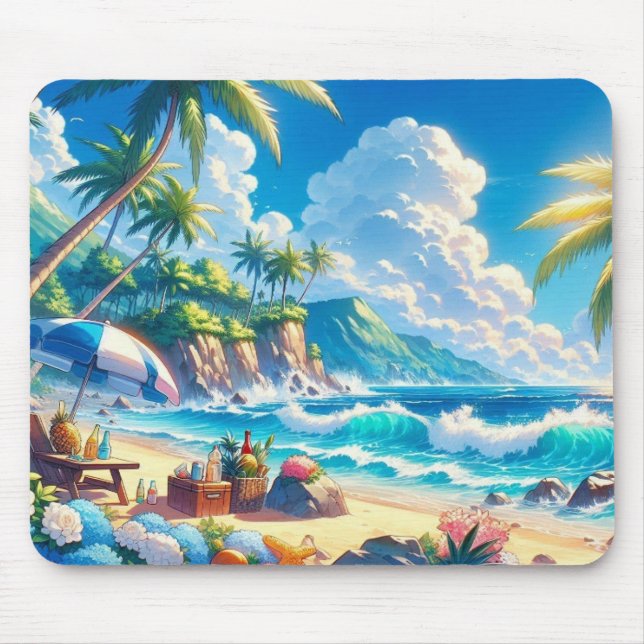 Vibrant Tropical Island Beach Watercolor Mouse Mat (Front)
