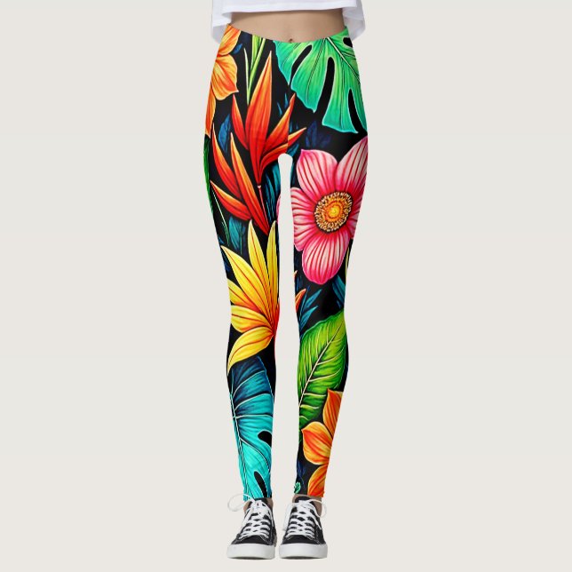 Vibrant Tropical Jungle Bloom Art Leggings (Front)