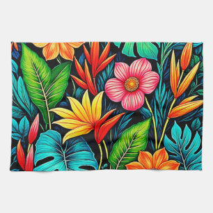 Vibrant Tropical Jungle Bloom Art Tea Towel