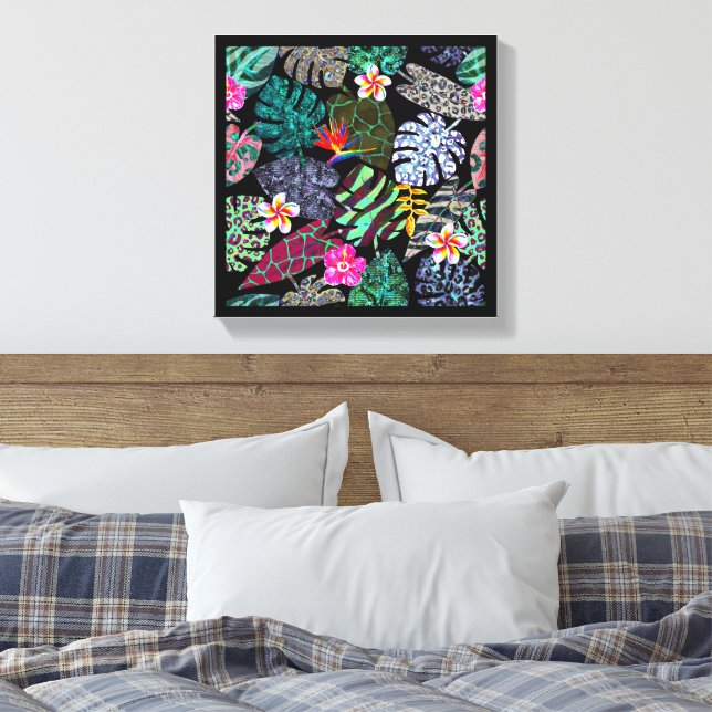 Vibrant Tropical Leaves and Flowers Pattern Canvas Print (Insitu(Bedroom))