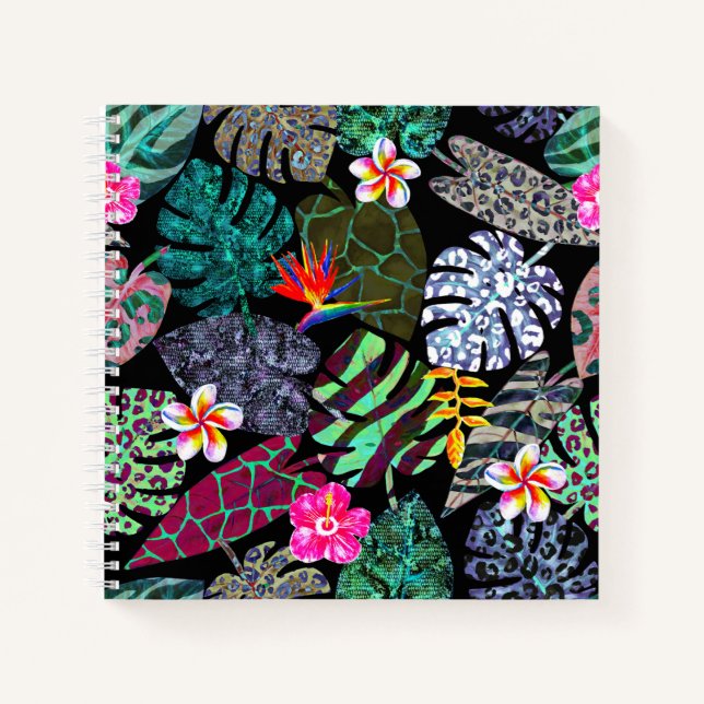 Vibrant Tropical Leaves and Flowers Pattern Notebook (Front)