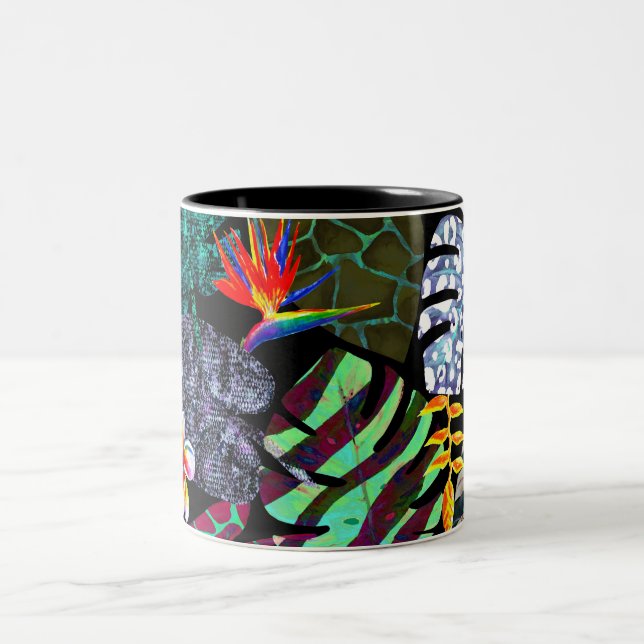 Vibrant Tropical Leaves and Flowers Pattern Two-Tone Coffee Mug (Center)