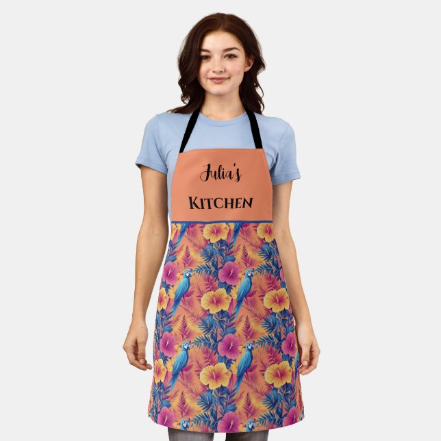 Vibrant Tropical Leaves and Parrots Summer Pattern Apron (Worn)