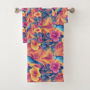 Vibrant Tropical Leaves and Parrots Summer Pattern Bath Towel Set
