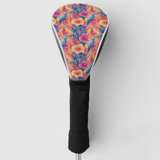Vibrant Tropical Leaves and Parrots Summer Pattern Golf Head Cover (Front)