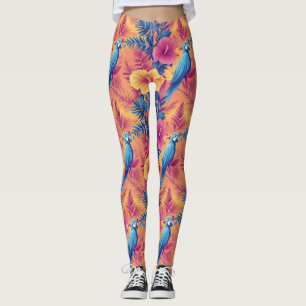 Vibrant Tropical Leaves and Parrots Summer Pattern Leggings