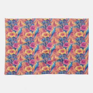 Vibrant Tropical Leaves and Parrots Summer Pattern Tea Towel