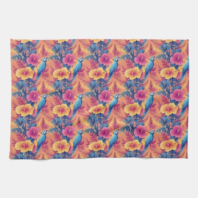 Vibrant Tropical Leaves and Parrots Summer Pattern Tea Towel (Horizontal)