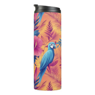 Vibrant Tropical Leaves and Parrots Summer Pattern Thermal Tumbler