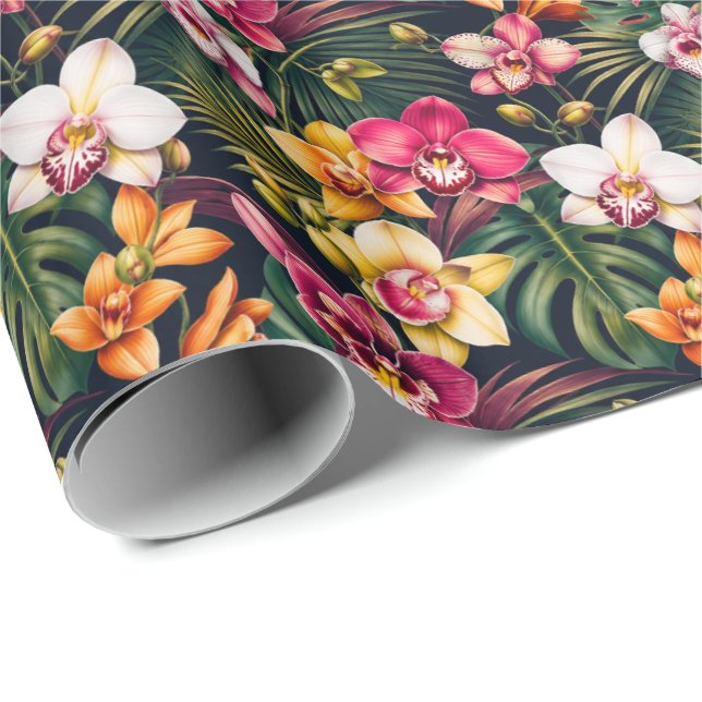 Vibrant Tropical Orchid Foliage Wrapping Paper (Roll Corner)