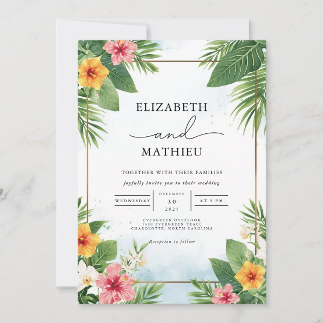 Vibrant Tropical Palm Arch Wedding Invitation (Front)