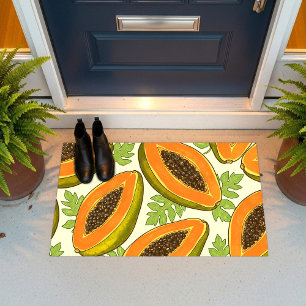 Vibrant Tropical Papaya Fruit and Leaf Pattern Doormat