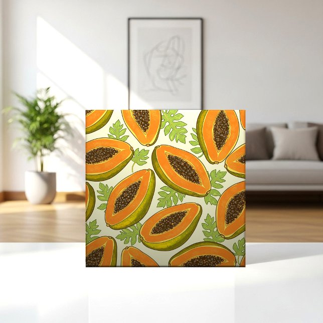 Vibrant Tropical Papaya Fruit and Leaf Pattern Tile (Creator Uploaded)