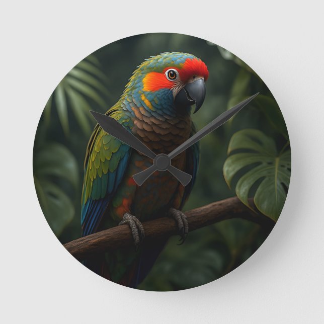 Vibrant Tropical Parrot Jungle Portrait Round Clock (Front)