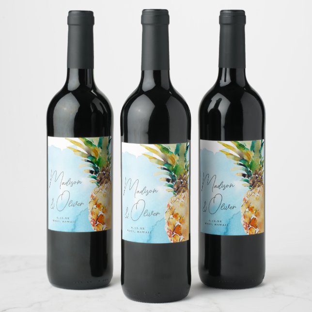 Vibrant Tropical Pineapple Watercolor Wedding Wine Label (Bottles)