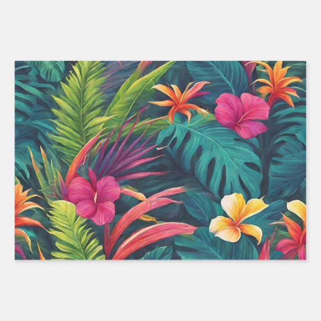 Vibrant Tropical Plants and Flowers  Wrapping Paper Sheet (Front)