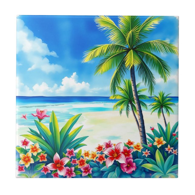 Vibrant Tropical Scene with Palm Trees Tile (Front)