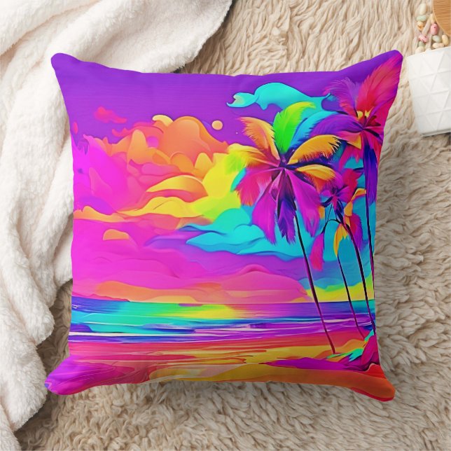 Vibrant Tropical Shore Art Cushion (Blanket)