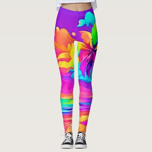 Vibrant Tropical Shore Art Leggings (Front)