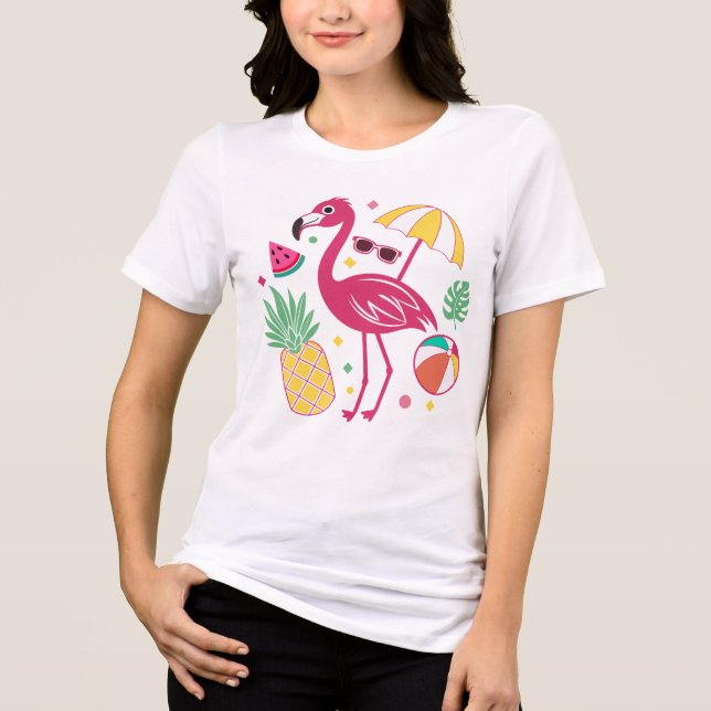 Vibrant Tropical Summer Flamingo & Pineapple Beach Tri-Blend Shirt (Front)
