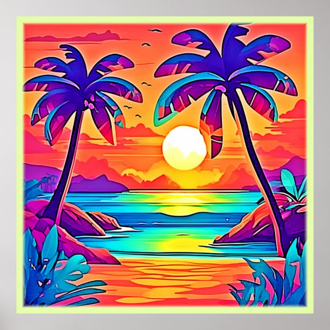 Vibrant Tropical Sunset Art Poster (Front)