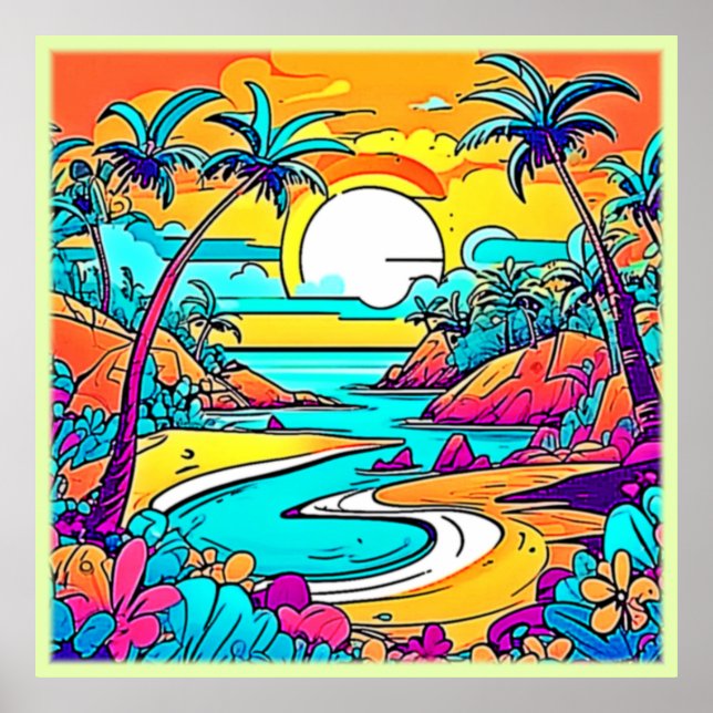 Vibrant Tropical Sunset Beach Poster (Front)