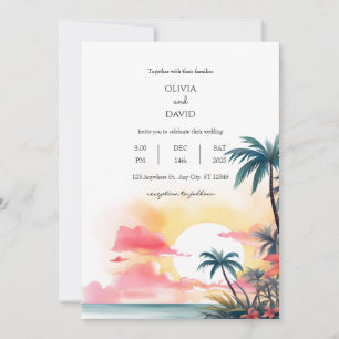 Vibrant Tropical Sunset Ocean Palm Foliage Wedding Invitation