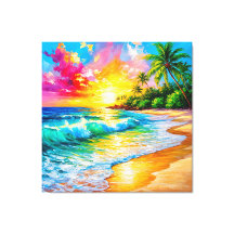 Vibrant Tropical Sunset Painting with Waves