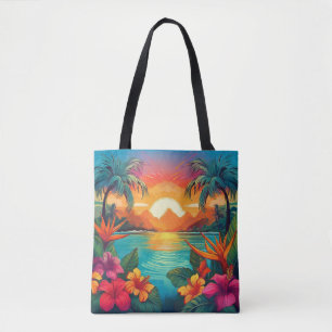 Vibrant Tropical Sunset with Palm Trees and Flower Tote Bag