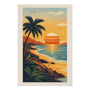Vibrant Tropical Synthwave Sunset Retro Travel Poster