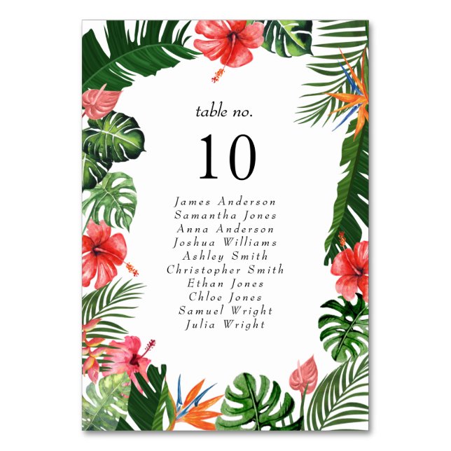 Vibrant Tropical Wedding Seating Chart List Table Number (Front)