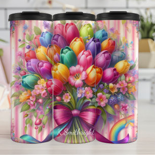 Vibrant Tulip Bouquet Rainbow Ribbon Thermal Tumbler